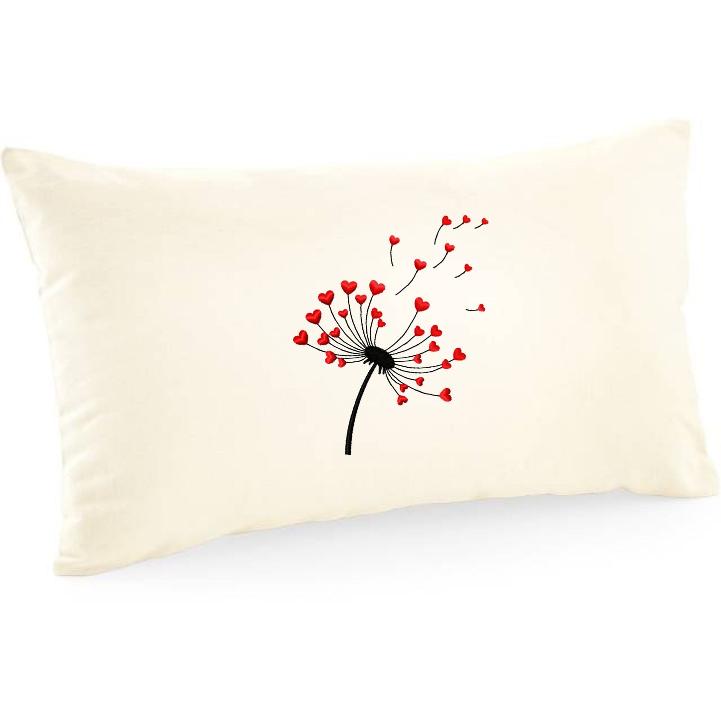 Decorative cushion cover with dandelion embroidery and red hearts