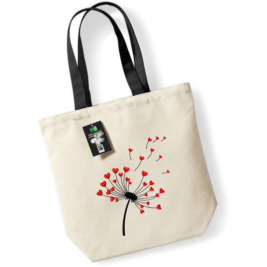 Bolsa de tela con bordado de diente de león con corazones rojos