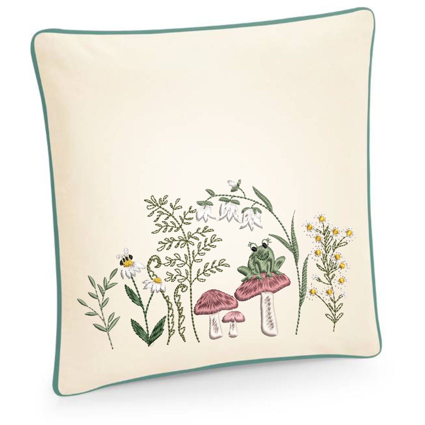 Cushion cover embroidered with charming mushrooms