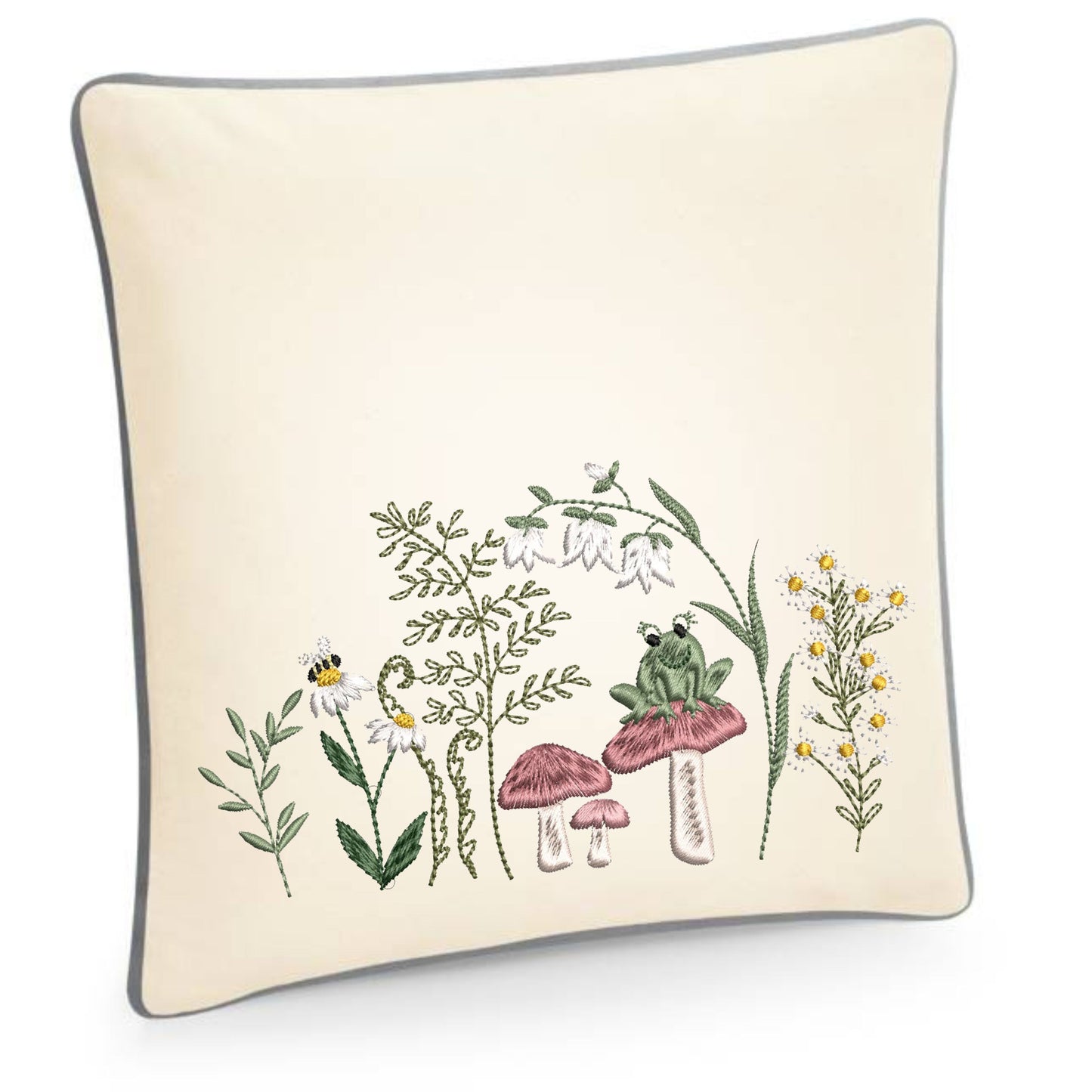 Cushion cover embroidered with charming mushrooms