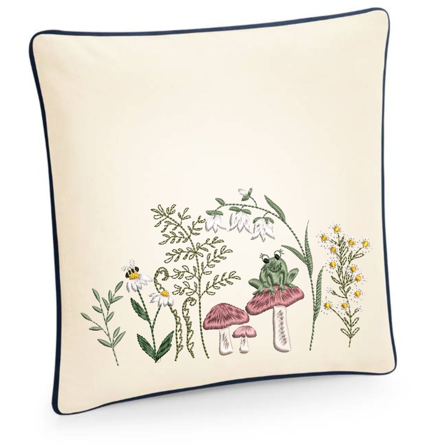 Cushion cover embroidered with charming mushrooms