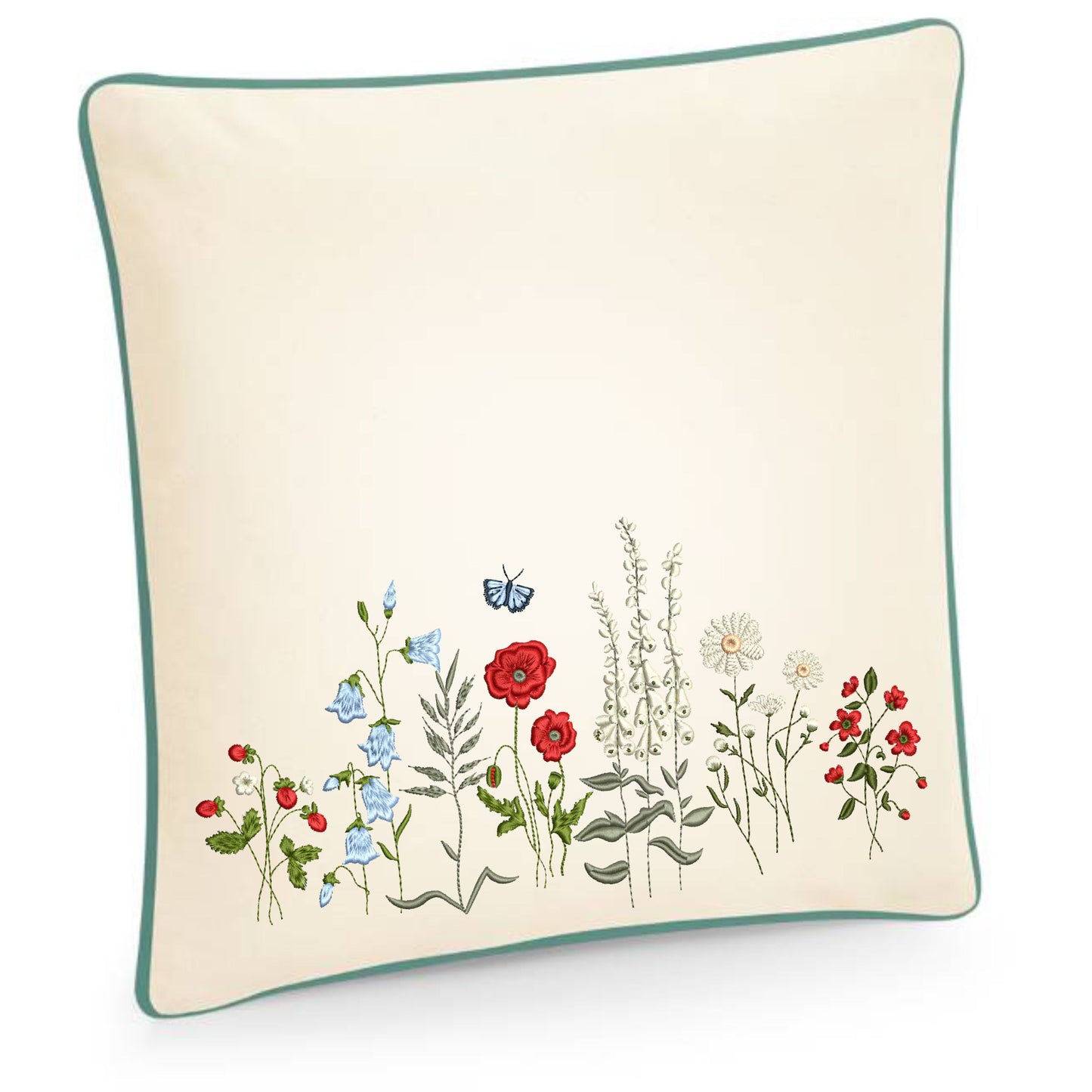 Embroidered cushion cover with wildflower meadow