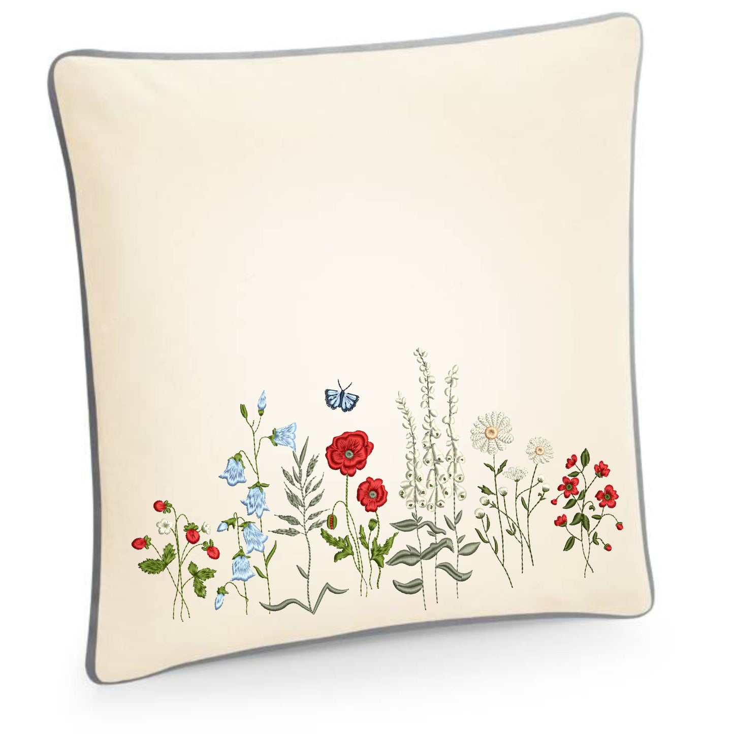 Embroidered cushion cover with wildflower meadow