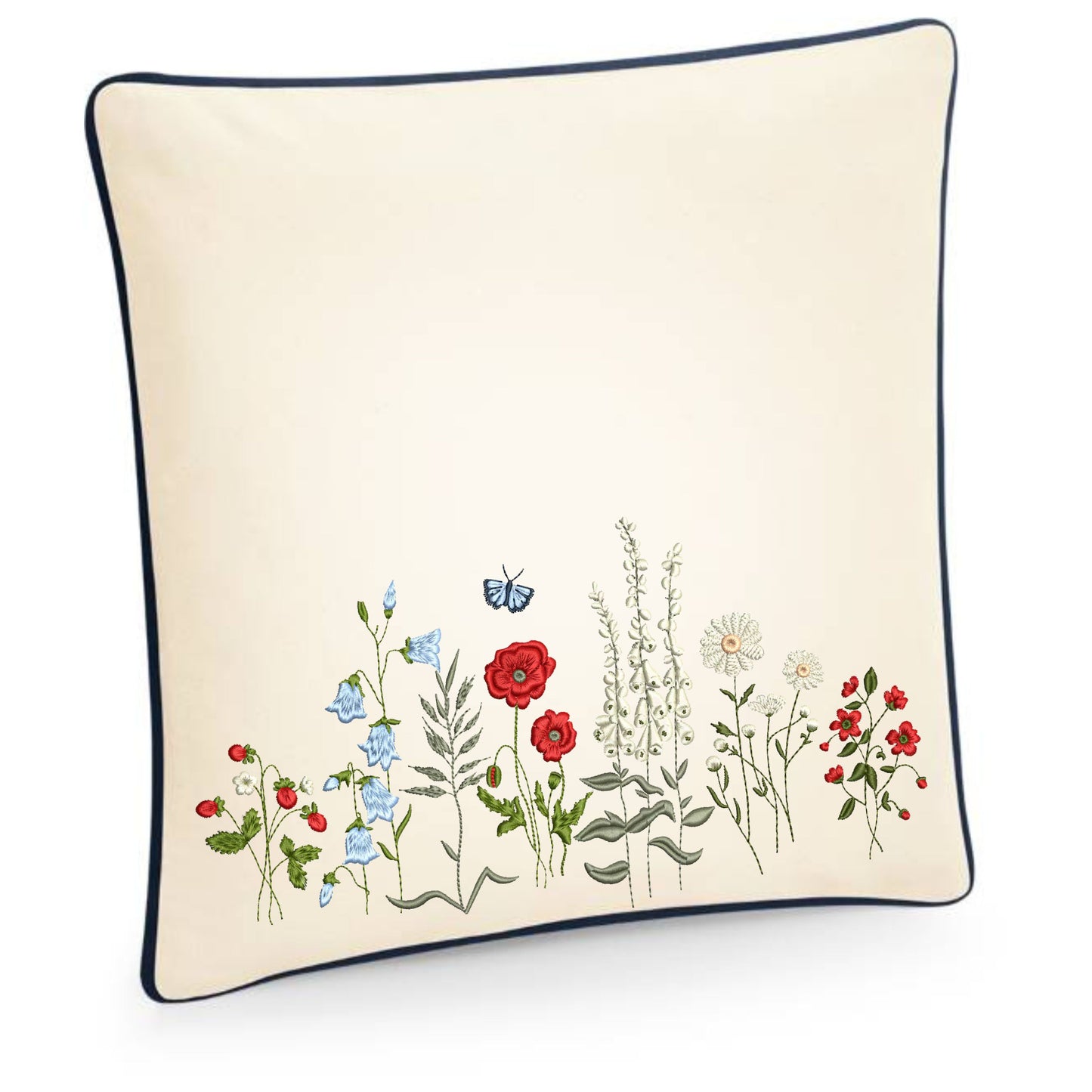 Embroidered cushion cover with wildflower meadow