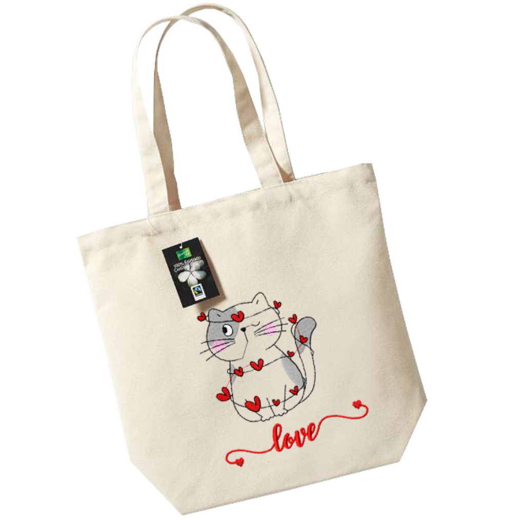 Bolsa de tela con bordado de gato con corazones