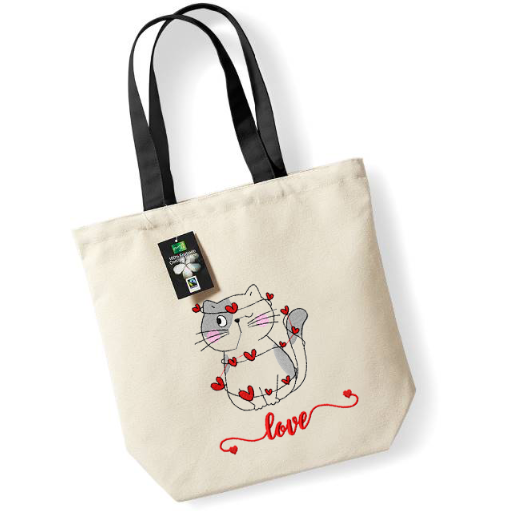 Bolsa de tela con bordado de gato con corazones