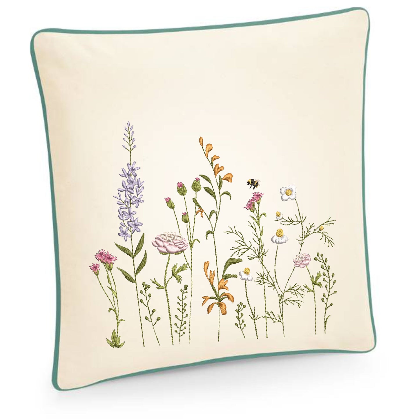 Embroidered cushion cover with garden wildflowers