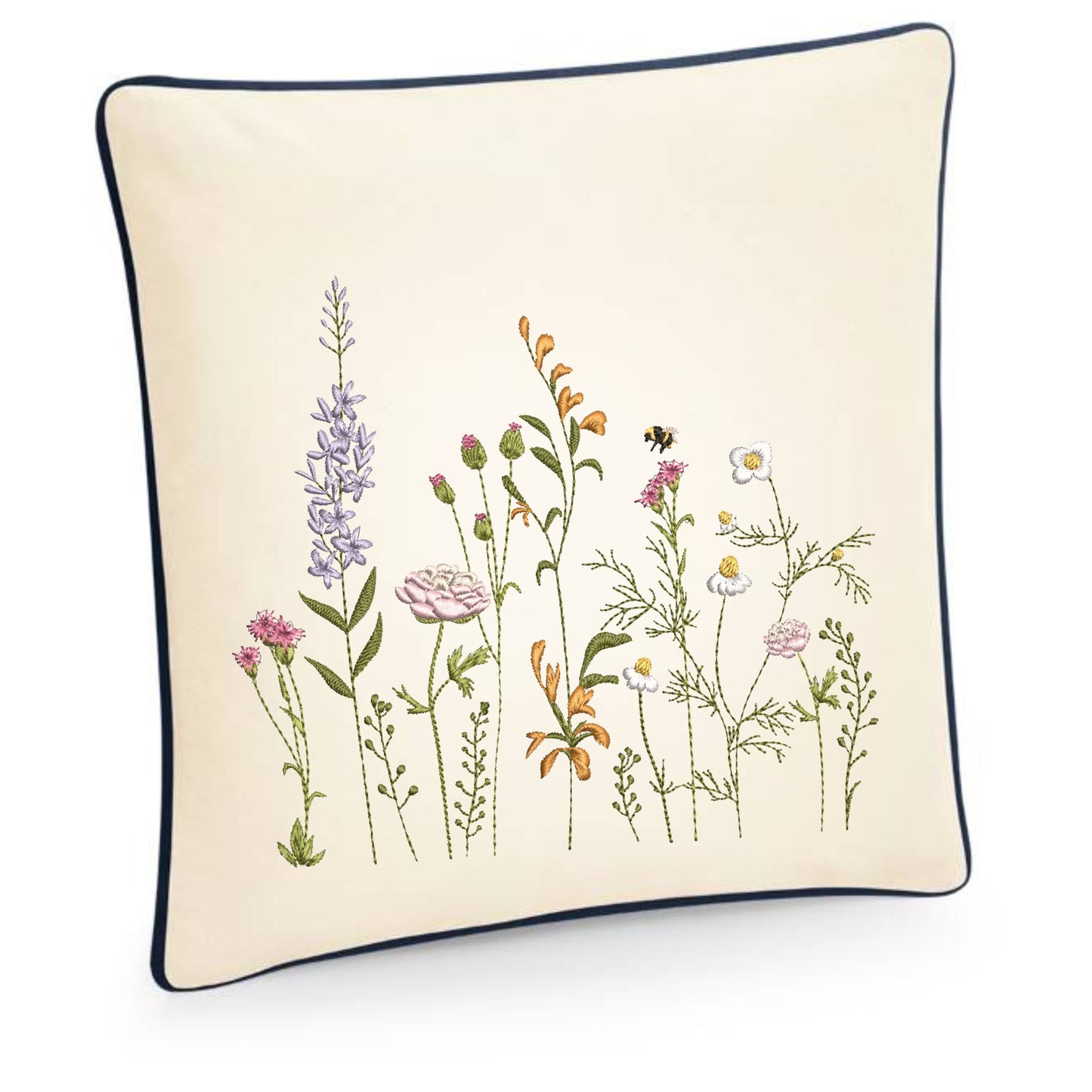 Embroidered cushion cover with garden wildflowers