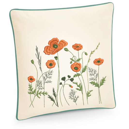 Cushion cover embroidered with wild poppy