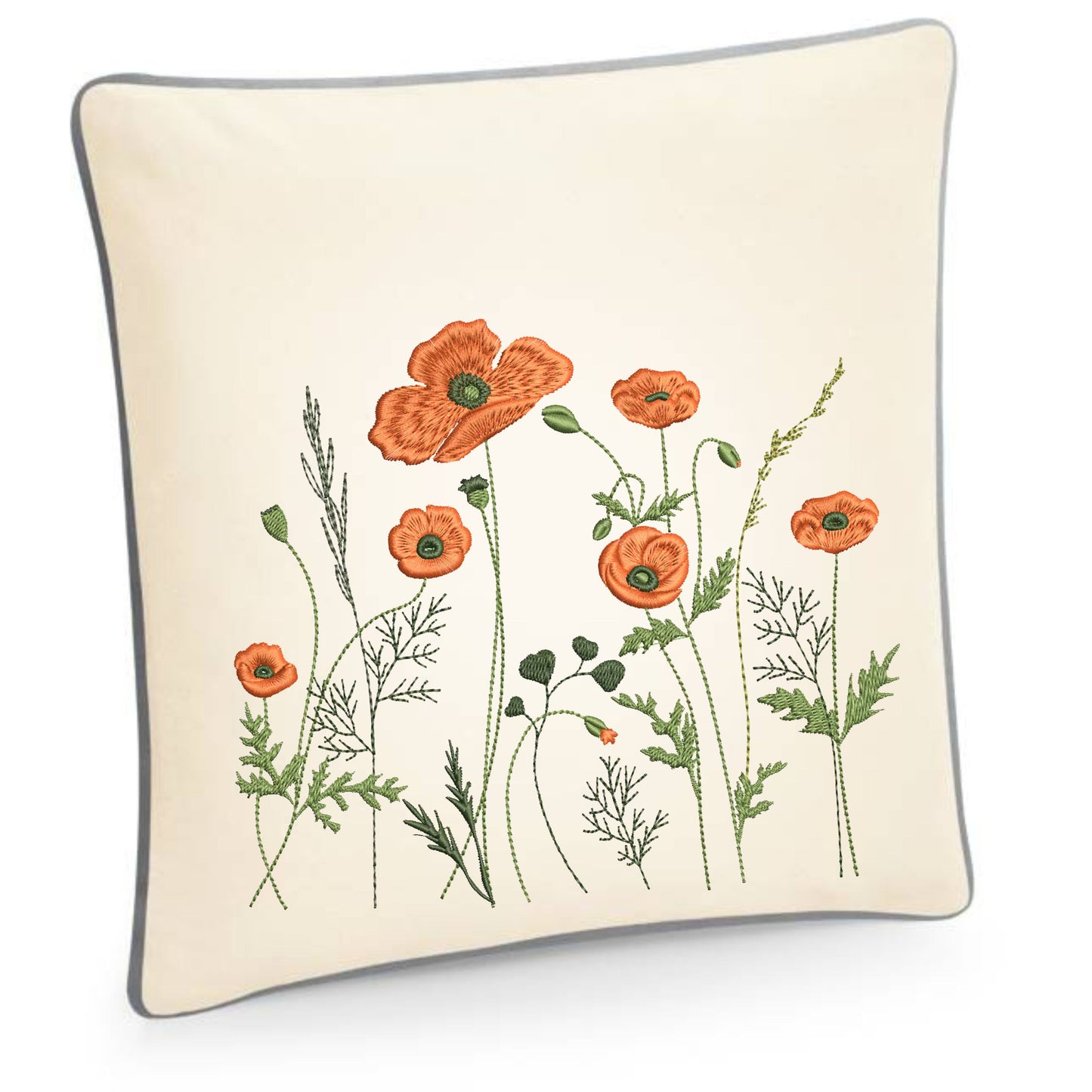 Cushion cover embroidered with wild poppy