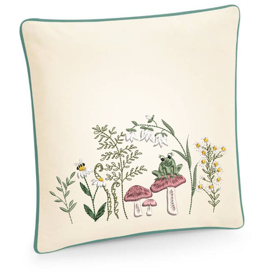 Cushion cover embroidered with charming mushrooms