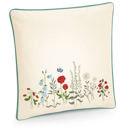 Embroidered cushion cover with wildflower meadow