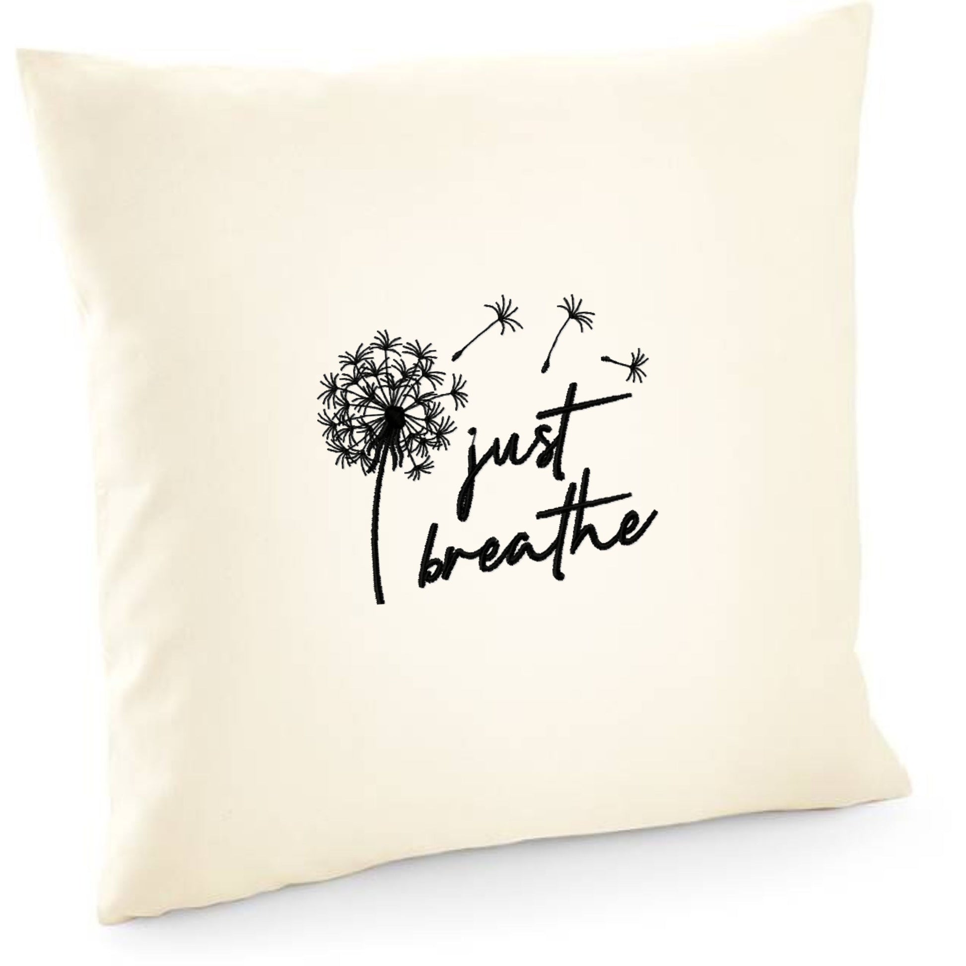 Funda de cojín decorativa con bordado de diente de león – solo respira – Pillowcase de Bordado Studio Barcelona | Bordado Personalizado
