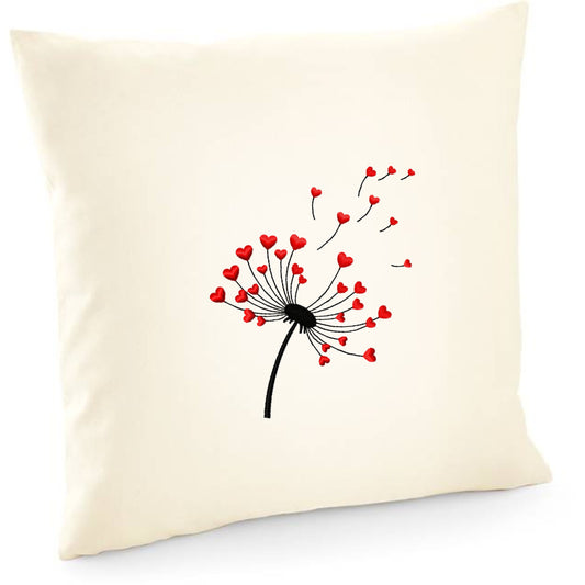 Decorative cushion cover with dandelion embroidery and red hearts